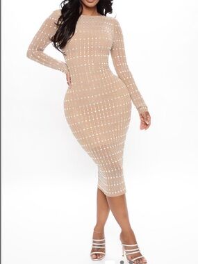 Fashion Nova Nude Beaded Long-Sleeve Bodycon Midi Dress